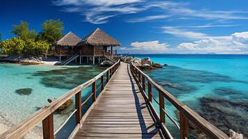 ai gegenereerd verbazingwekkend zonnig panorama Bij Maldiven. luxe toevlucht villa's zeegezicht met boost omhoog kleuren, blauw zee lucht, fantastisch steiger. perfect zomer vakantie vakantie achtergrond. foto