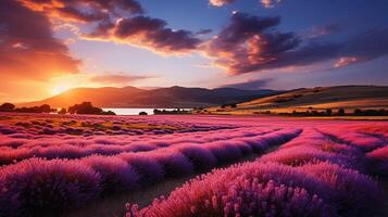ai gegenereerd geweldig landschap, verbazingwekkend zomer landschap van bloeiend lavendel bloemen, vredig zonsondergang visie, landbouw toneel. mooi natuur achtergrond foto