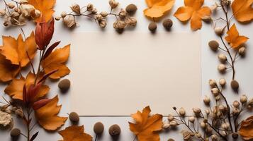 ai gegenereerd herfst bladeren en een vel van perkament papier Aan een wit achtergrond van bovenstaande. met ruimte voor tekst. minimaal dankzegging en halloween seizoensgebonden ontwerp kunst. foto