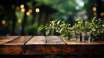 ai gegenereerd leeg houten tafel, groen bokeh achtergrond foto