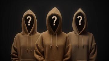 ai gegenereerd drie mysterie figuren in bruin hoodies met vraag merken foto