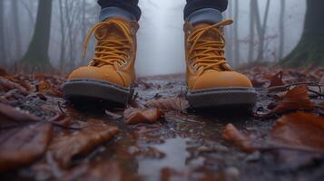 ai gegenereerd nevelig herfst wandeltocht door Woud foto