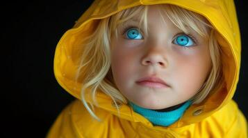 ai gegenereerd portret van een jong kind in geel regenjas op zoek naar boven foto