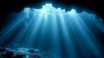 ai gegenereerd onderwater- zeegezicht met zonlicht balken verhelderend koraal riffen foto