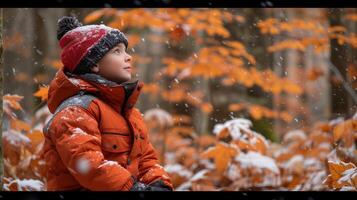 ai gegenereerd jong jongen in oranje jasje genieten van sneeuwval tussen herfst bladeren foto