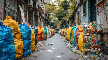 ai gegenereerd stad straat overlopend met kleurrijk plastic verspilling en recycling Tassen foto