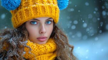 ai gegenereerd winter portret van een jong vrouw in sneeuwval foto