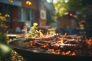 ai gegenereerd barbecue Aan een zonnig dag in achtertuin van huis, detailopname van een vlees steak Aan een rooster rooster foto