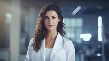 ai gegenereerd portret mooi jong vrouw dokter of wetenschapper vervelend wit jas en staand in laboratorium of ziekenhuis op zoek Bij camera, kopiëren ruimte. geneeskunde en farmaceutische producten thema foto