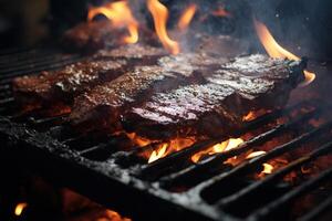 ai gegenereerd groot vettig stukken van vlees, gegrild steaks, barbecue detailopname foto