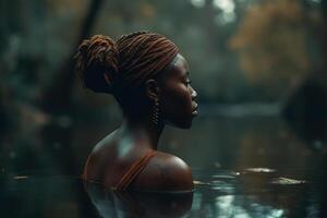 ai gegenereerd Afrikaanse Amerikaans vrouw staand in de water in een wild vijver buitenshuis foto