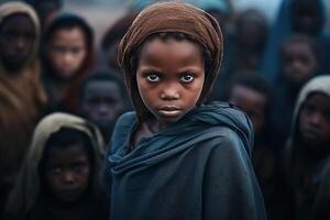 ai gegenereerd groep van Afrikaanse hongerig en arm kinderen op zoek Bij de camera buitenshuis foto