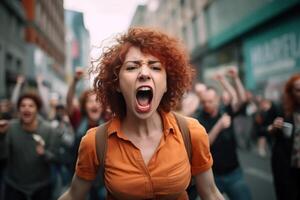 ai gegenereerd sociaal problemen, rally, leerling staking concept. protesteren menigte van jong mensen activisten buitenshuis, schreeuwen vrouw met rugzak Aan straat foto