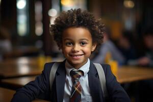 ai gegenereerd knap glimlachen afro Amerikaans schooljongen met rugzak zittend in klas, schattig jongen in pak met stropdas op zoek Bij camera, onderwijs concept foto