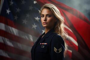 ai gegenereerd portret Kaukasisch sterk trots jong vrouw Politie officier in uniform tegen achtergrond van Verenigde Staten van Amerika vlag op zoek Bij camera foto