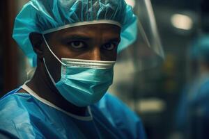 ai gegenereerd Afrikaanse Amerikaans Mens chirurg in in werking kamer, portret van geconcentreerd mannetje dokter in ziekenhuis foto