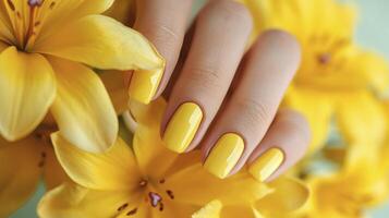 ai gegenereerd dichtbij omhoog mooi manicure en geel bloemen foto