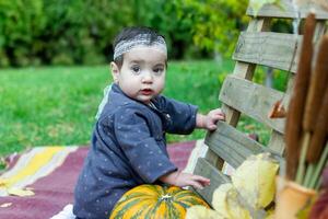 de weinig kind spelen in de park met fruit, weinig meisje in de herfst park foto