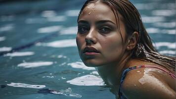 ai gegenereerd portret van een mooi meisje in de zwembad, nat portret, nat gir in de zwembad, vrouw is zwemmen in de zwembad foto