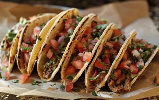 ai gegenereerd een stack van taco's geserveerd Aan een restaurant tafel, smakelijk Mexicaans schotel beeld foto