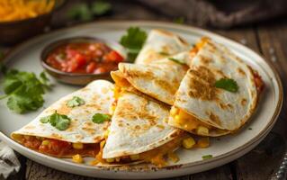 ai gegenereerd quesadilla's geserveerd Aan een bord, Mexicaans voedsel voorraad foto