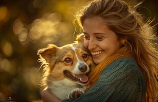 ai gegenereerd een gelukkig vrouw glimlachen terwijl Holding haar hond, Internationale zoenen dag beeld foto