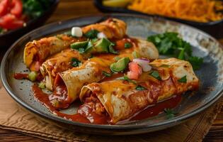 ai gegenereerd enchiladas met saus en groenten Aan een bord, kleurrijk Mexicaans voedsel foto