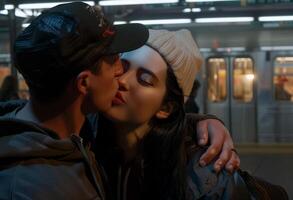 ai gegenereerd een paar kusjes romantisch door een trein station, zacht kus foto