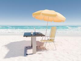 strand kantoor opstelling met bureau, stoel, en paraplu foto