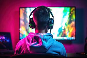 ai gegenereerd online gaming liefhebber vervelend hoofdtelefoons en gefocust Aan scherm toezicht houden op voor esports wedstrijd. gemaakt met generatief een foto