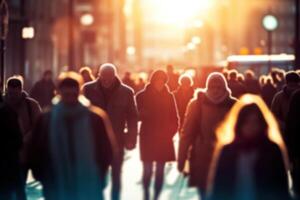 ai gegenereerd dynamisch stedelijk leven wazig menigte in snelbewegend stad straten met zacht bokeh. gemaakt met generatief ai foto