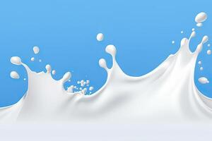 ai gegenereerd vers zuivel producten in beweging wit melk of yoghurt plons in Golf vorm geïsoleerd Aan blauw achtergrond. gemaakt met generatief ai foto