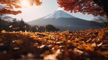 ai gegenereerd vallend esdoorn- bladeren met monteren fuji in de achtergrond. gemaakt met generatief ai foto