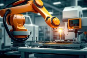 ai gegenereerd slim industrieel automatisering Geavanceerd robot arm in modern fabriek. gemaakt met generatief ai foto