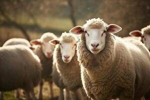 ai gegenereerd sereen schapen begrazing Aan weelderig weiland boerderij in de platteland. gemaakt met generatief ai foto