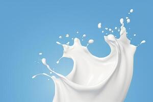 ai gegenereerd vers zuivel producten in beweging wit melk of yoghurt plons in Golf vorm geïsoleerd Aan blauw achtergrond. gemaakt met generatief ai foto