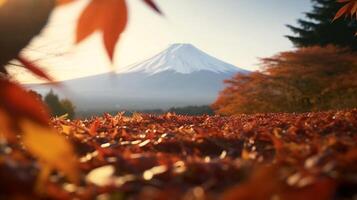 ai gegenereerd vallend esdoorn- bladeren met monteren fuji in de achtergrond. gemaakt met generatief ai foto