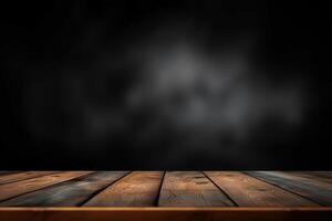 ai gegenereerd minimalistische houten tafel met donker bokeh achtergrond. gemaakt met generatief ai foto