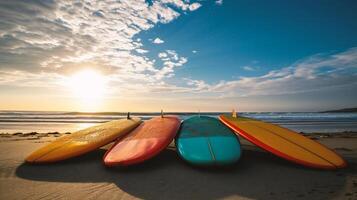 ai gegenereerd kleurrijk surfplanken Aan de strand foto