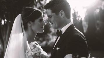 ai gegenereerd mooi bruid en bruidegom in hun bruiloft dag. zwart en wit foto. foto