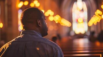 ai gegenereerd kant visie van een jong zwart Mens bidden in de Katholiek kerk foto