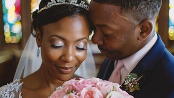 ai gegenereerd dichtbij omhoog portret van Afrikaanse Amerikaans bruid en bruidegom in bruiloft dag foto