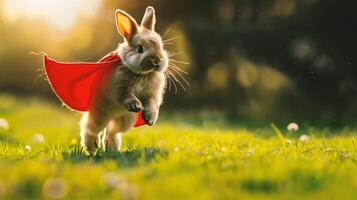 ai gegenereerd konijn in rood kaap rennen Aan groen gras. Pasen concept. foto