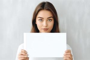 ai gegenereerd vrouw Holding blanco tijdschrift Aan licht achtergrond. ai gegenereerd foto