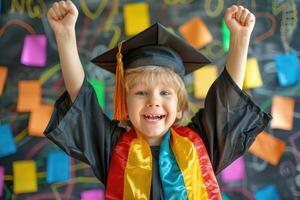 ai gegenereerd succes door onderwijs concept . meisje in afstuderen japon gelukkig naar leren. ai gegenereerd foto