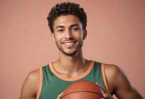 ai gegenereerd basketbal speler met een helder glimlach foto