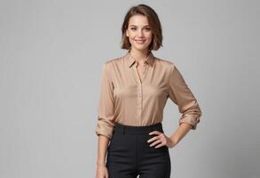 ai gegenereerd een zelfverzekerd zakenvrouw in een beige blouse foto