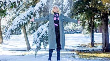 portret van een vrouw in een park, portret van een vrouw in winter park, portret van een blond vrouw, vrouw in hoed foto