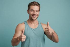 ai gegenereerd fit Mens in een tank top geven een duimen omhoog, zijn atletisch bouwen en verzekerd glimlach suggereren een gezond, actief levensstijl. foto