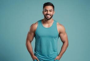 ai gegenereerd een gespierd Mens in een taling tank top staat met zijn armen gekruist, uitstralend vertrouwen. de blauw achtergrond complementen zijn atletisch bouwen. foto